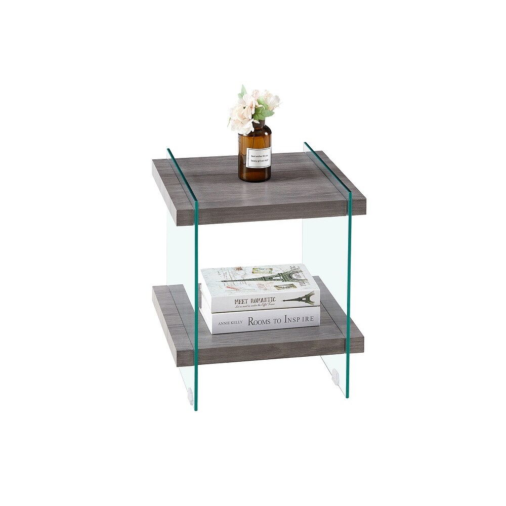 2 Tier Square Clear Sofa Side Table with Dual Shelves Modern Glass Nightstand End Table Side Table for Living Room  Bedroom