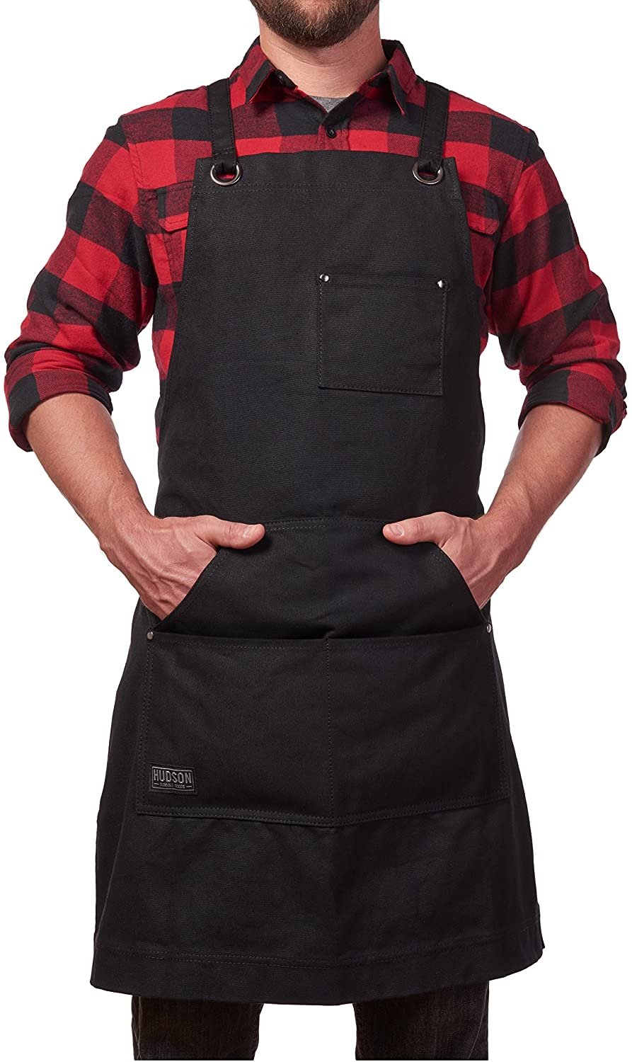 Hudson Durable Goods - Heavy Duty Waxed Canvas Work Apron with Tool Pockets (Black), Cross-Back Straps & Adjustable M to XXL