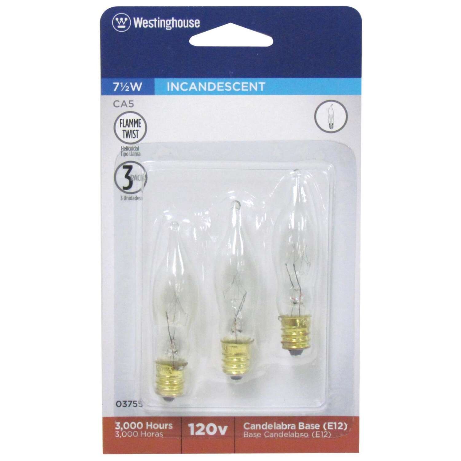 Westinghouse 7.5 W CA5 Decorative Incandescent Bulb E12 (Candelabra) Warm White 3 pk