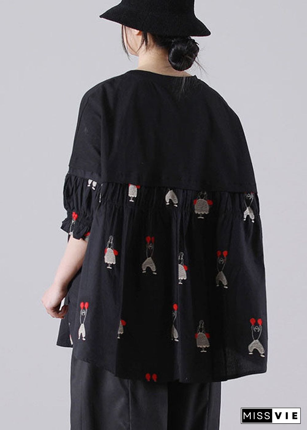 Casual Black O-Neck Embroideried Patchwork Cotton Shirts Short Sleeve