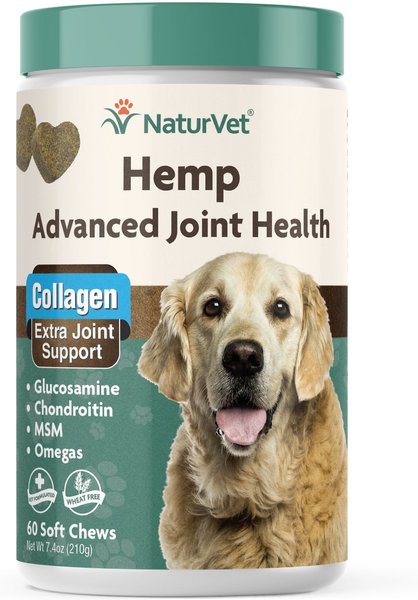 NaturVet Hemp Advanced Joint Health Glucosamine， Chondroitin and MSM Plus Collagen， Extra Joint Support Dog Supplement