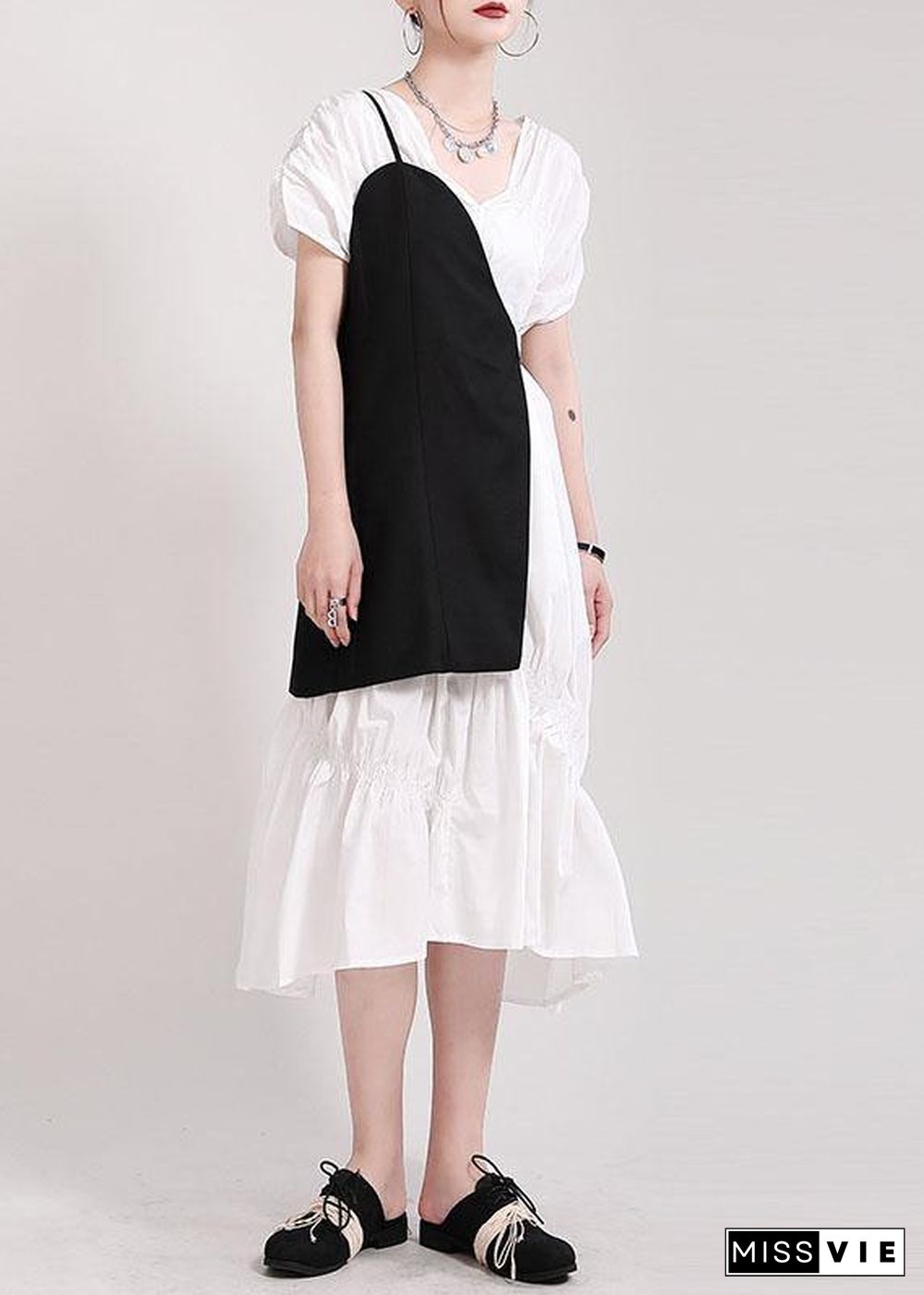 Natural Black Cotton V Neck Asymmetrical Design Summer Vacation Dress Short Sleeve