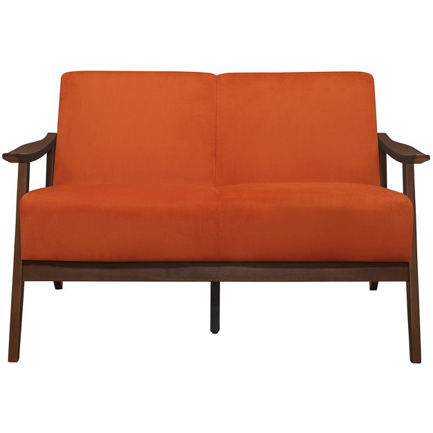 Carlson Velvet Upholstered Loveseat In Orange And Dark Walnut Lexicon