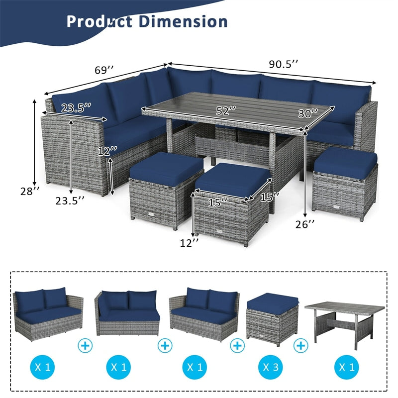 7 Pcs Rattan Patio Dining Furniture Sectional Sofa Set with Dining Table, Ottomans & Cushions