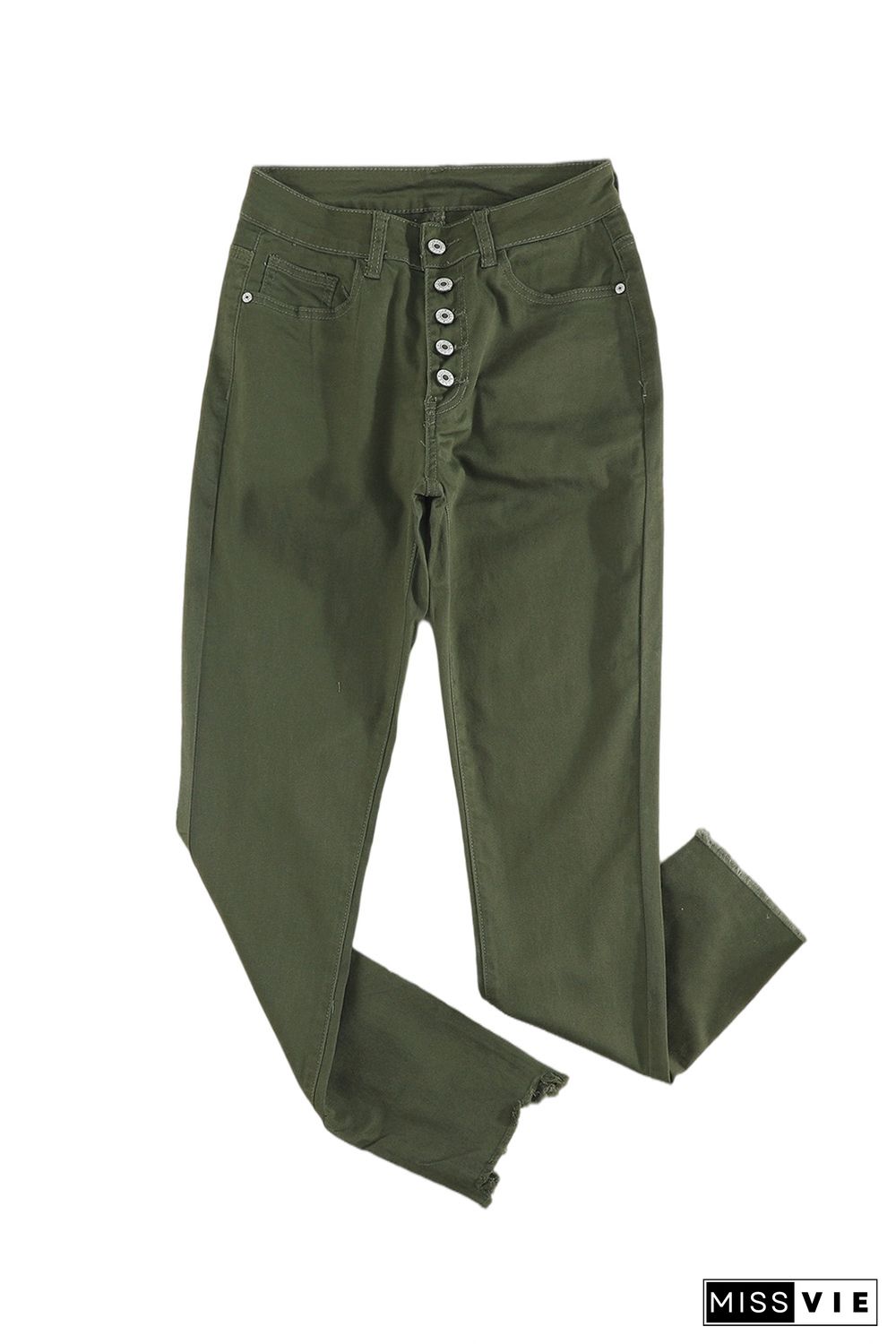 Green Plain High Waist Buttons Frayed Cropped Denim Jeans