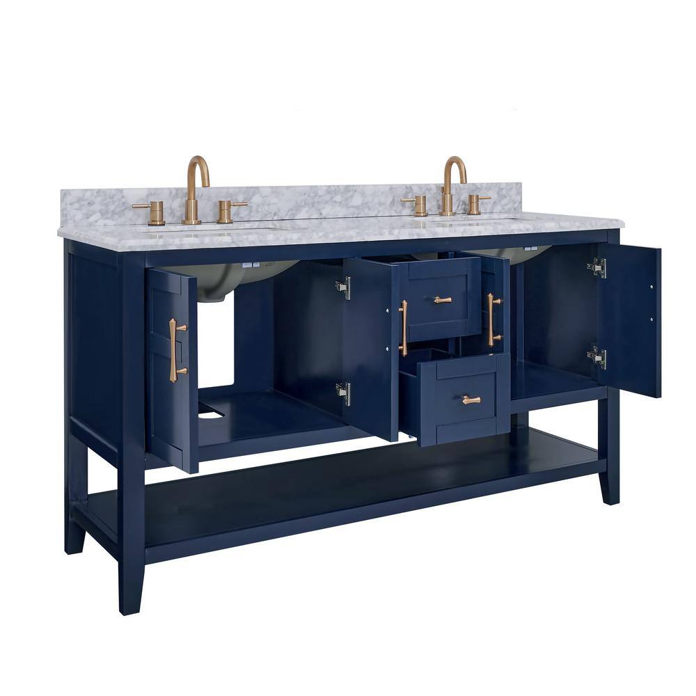 Home Decorators Collection Sturgess Open Shelf 61 in. W x 22. D x 35. H Double Sink Vanity in Navy Blue with White Marble Vanity Top 19111S-VS61C-NB