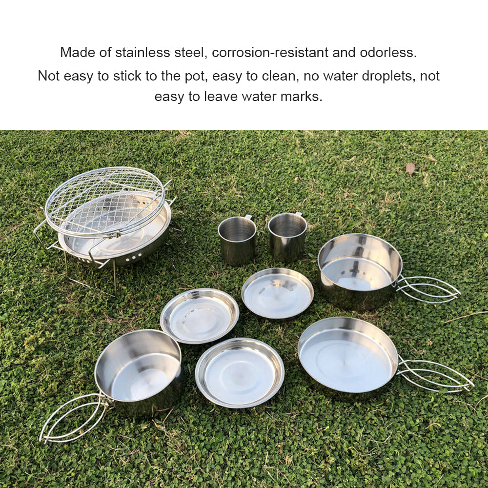 Mixfeer 8pcs Outdoor Pan Set Stainless Steel Stacking Pots Hiking Pot Camping Cookware Non-stick Picnic Cooking Bowl Pot Kit