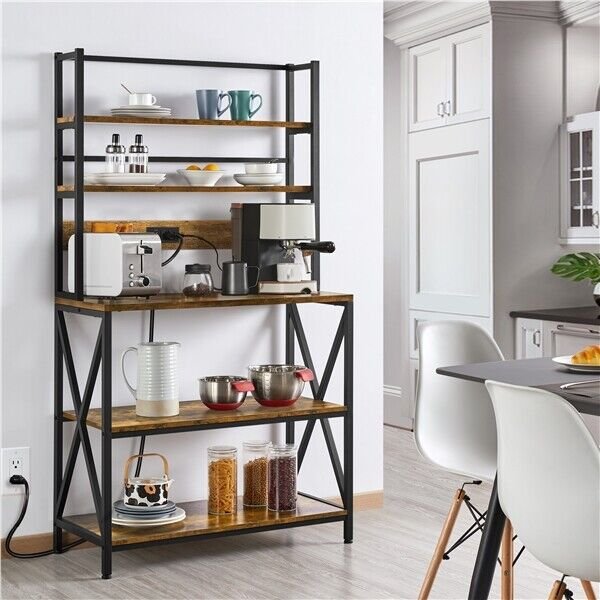 5-Tier Kitchen Bakers Rack with Power Outlet Microwave Stand Coffee Bar Station