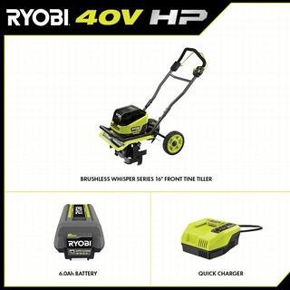 RYOBI 40V HP Brushless 16 in. Front Tine Tiller with Adjustable Tilling Width with 6.0 Ah Battery and Quick Charger RY40730