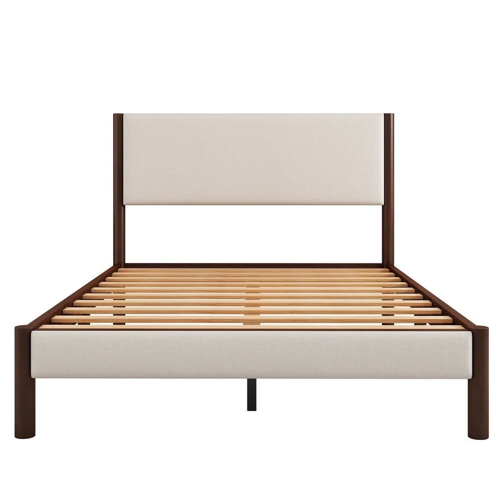 Queen Size Mid Century Modern Upholestery Platform Bed Frame with Upholstered Headboard  No Box Spring Needed  Walnut