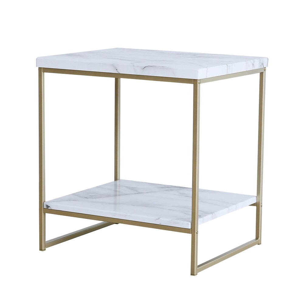 Roomfitters 2 Tier White Faux Marble Print End Table for Living Room