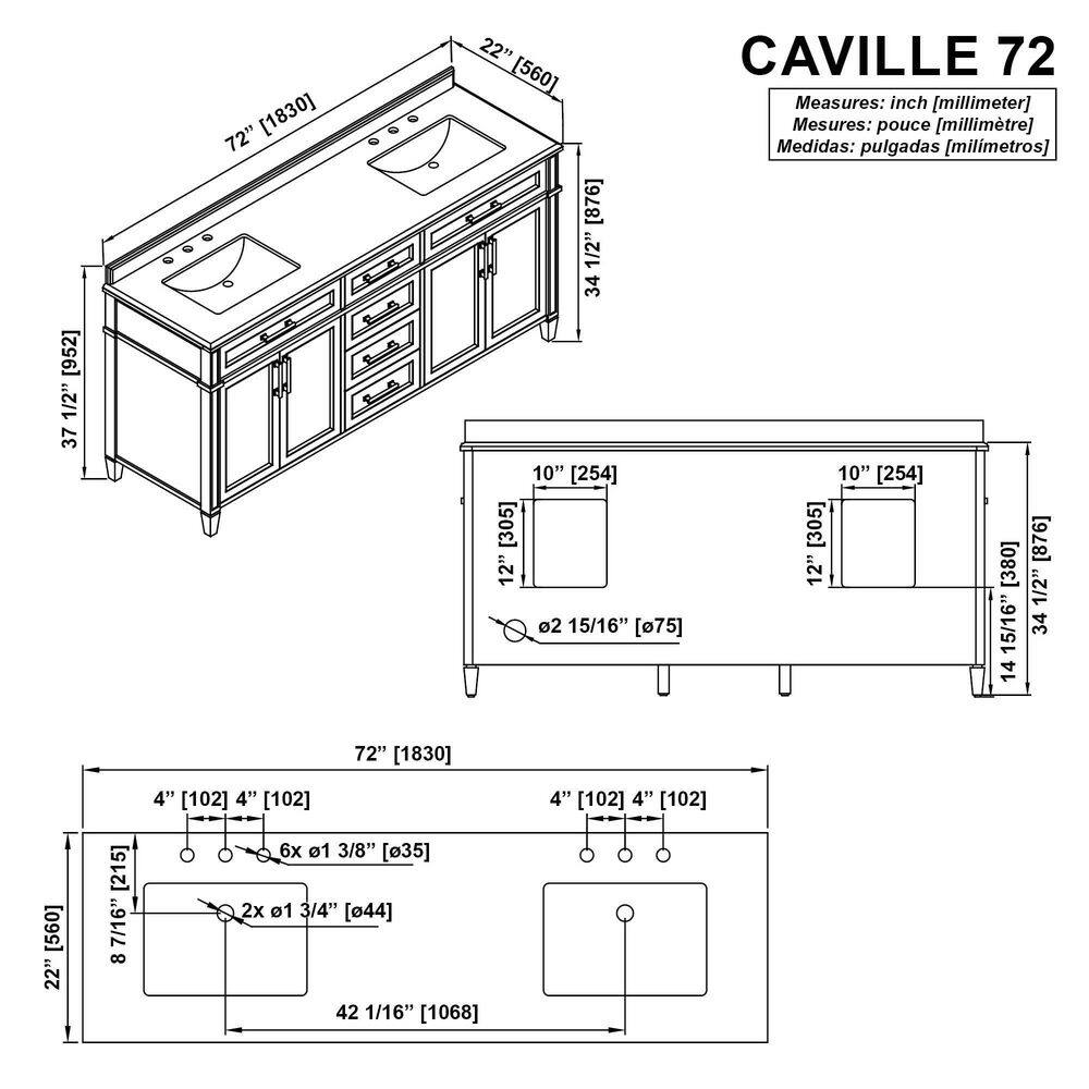 Home Decorators Collection Caville 72 in. W x 22 in. D x 34.50 in. H Bath Vanity in White with Carrara Marble Top Caville 72W