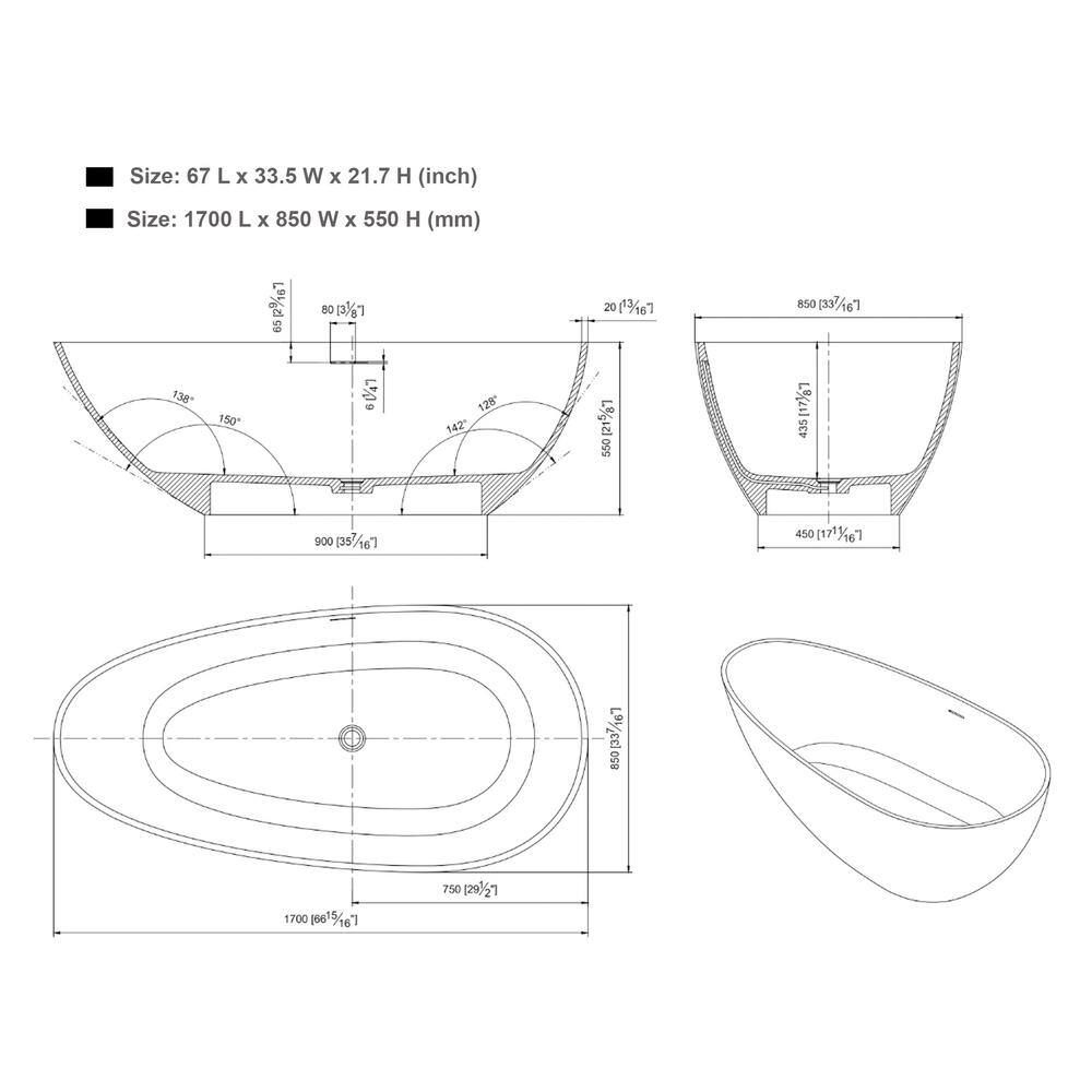 Vanity Art Assignan 67 in. Solid Surface Resin Stone Matte Flatbottom Freestanding Bathtub in White VA6913-ML