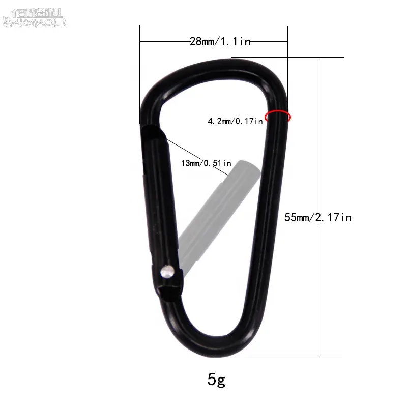 baichao OEM/ODM 6 D 55*28*4.2mm Aluminum alloy metal clip spring BLACK carabiner hook for camping hiking bag/fishing/tent/ball