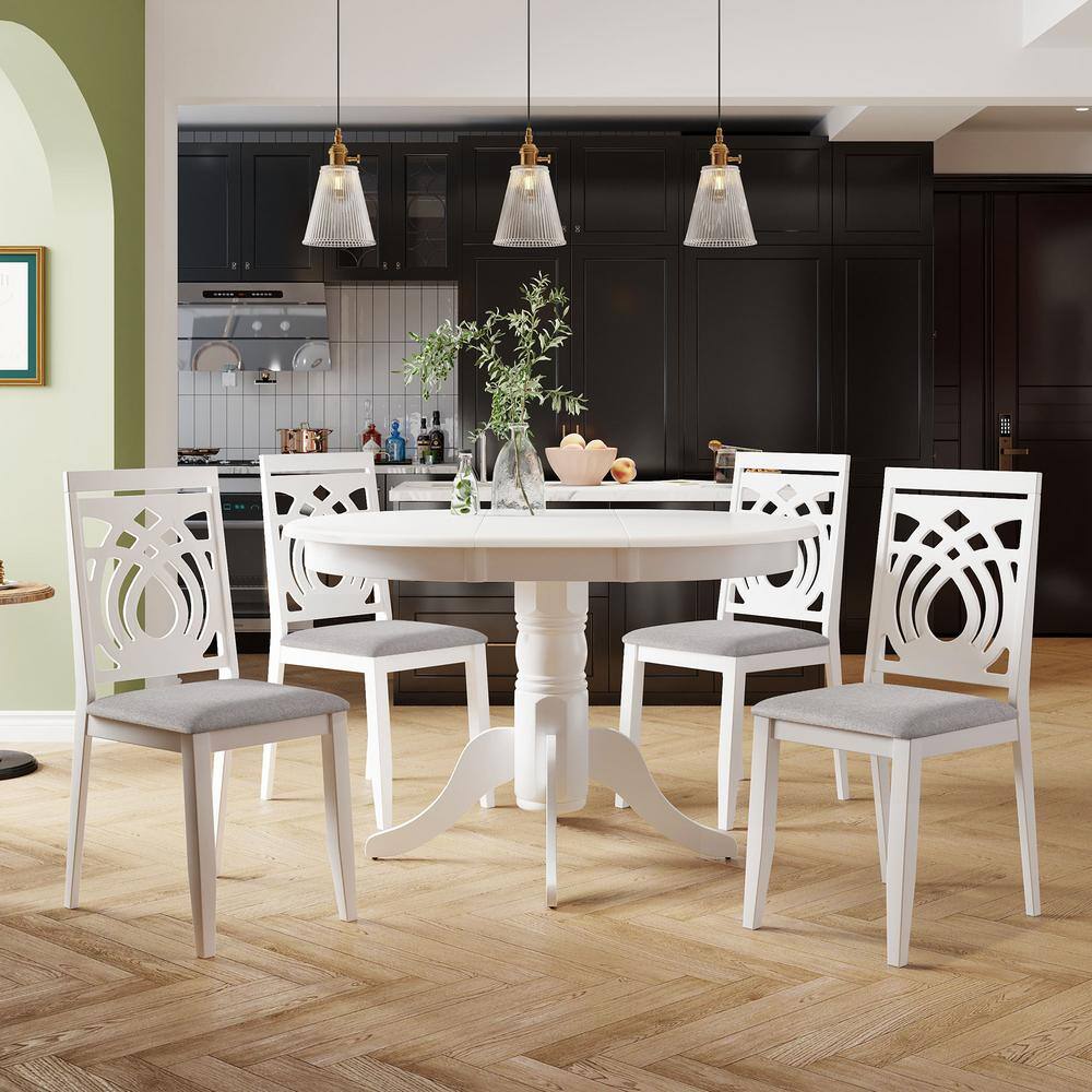 Harper  Bright Designs Mid-Century 5-Piece White Round MDF Top Dining Set Seats 4 With Extendable Table DT130AAK