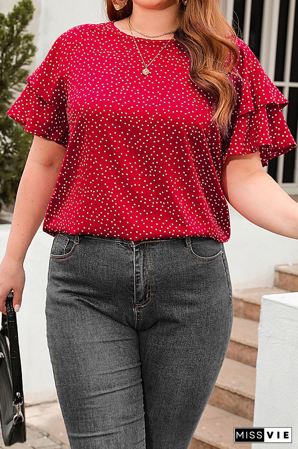 Polka Dot Tiered Sleeves Plus Size Top