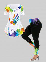 Paint Splatter Palm Printed Tee and Leggings Plus Size Matching Set Outfit