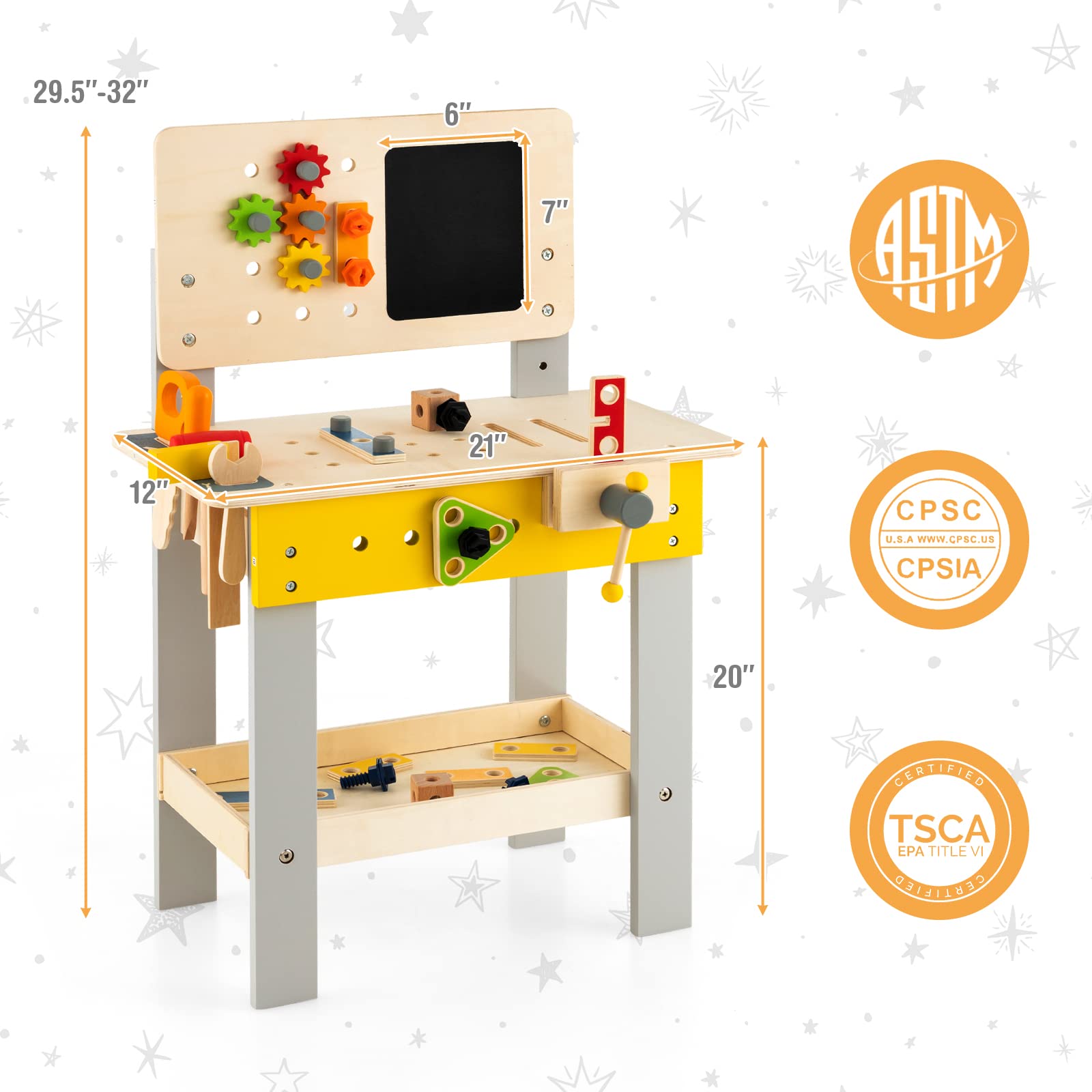 Costzon Kids Tool Bench, Wooden Workbench with 41 Toy Tools and Accessories, Realistic Pretend Play