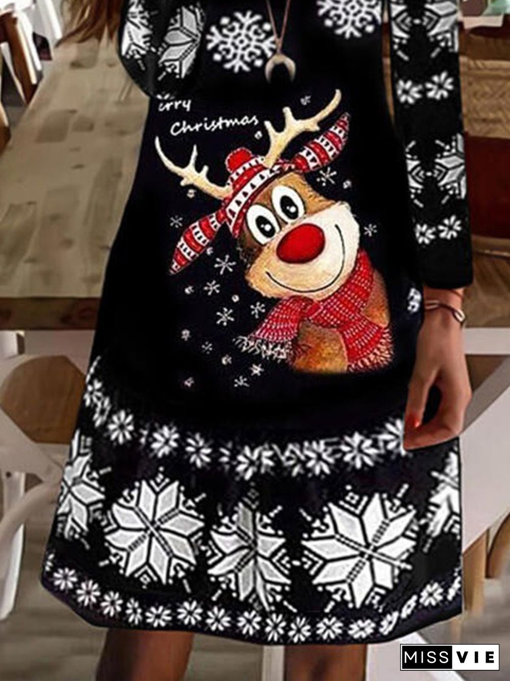 Vintage Christmas Snow Elk Long Sleeve V Neck Plus Size Casual Knitting Dress