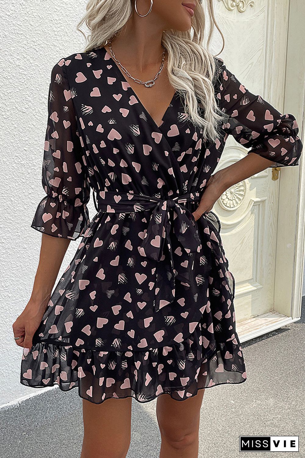 Heart Print V-neck Half Sleeve Mini Dress Wholesale