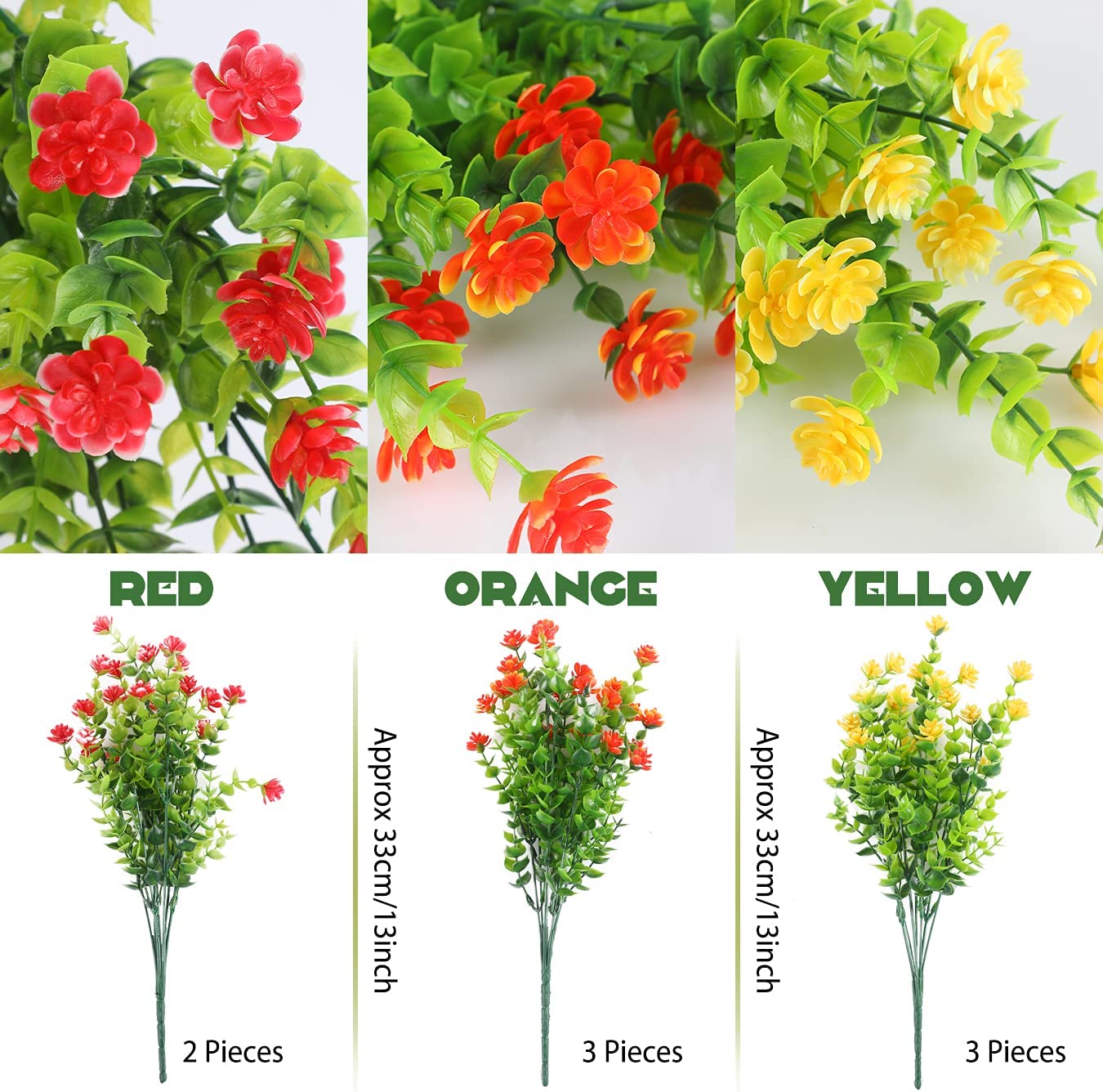 Outdoor UV Resistant Fake Flowers for Decoration,  8 Bundles Plastic Faux Plants & Flowers Bulk for Outside Hanging Planter Window Box Patio Porch Wedding Party Decor,Red Yellow Orange