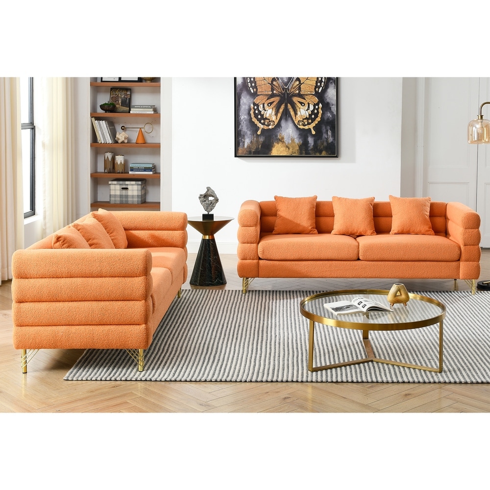 Orange Teddy Upholstered Sofa Set with Pillows  Removable Cushions  and Chic Metal Legs  3 Seater Sofa * 2