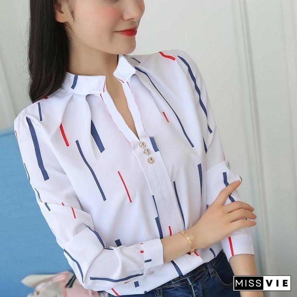 JFUNCY Plus Size Women White Tops and Blouses Fashion Stripe Print Casual Long Sleeve Office Lady Work Shirts Female Slim Blusas