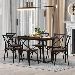 Harper  Bright Designs Industrial Style 7-Piece Rustic Brown MDF Top Table Set Seats 6 XW047AAA