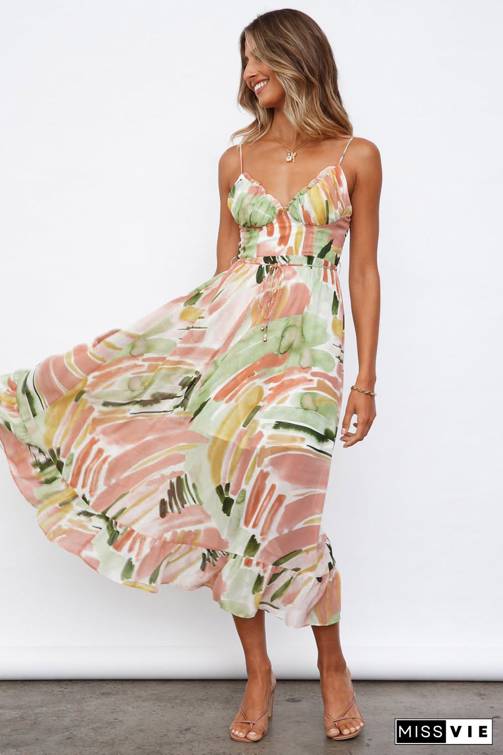 Multicolor Spaghetti Straps Graffti Print Long Dress