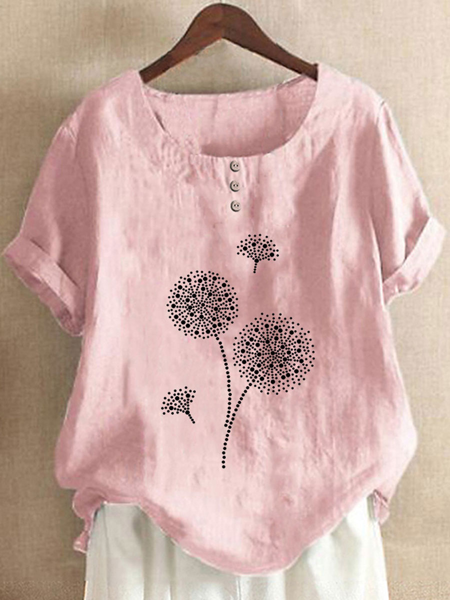 Round Neck Casual Loose Dandelion Print Short-sleeved Blouse