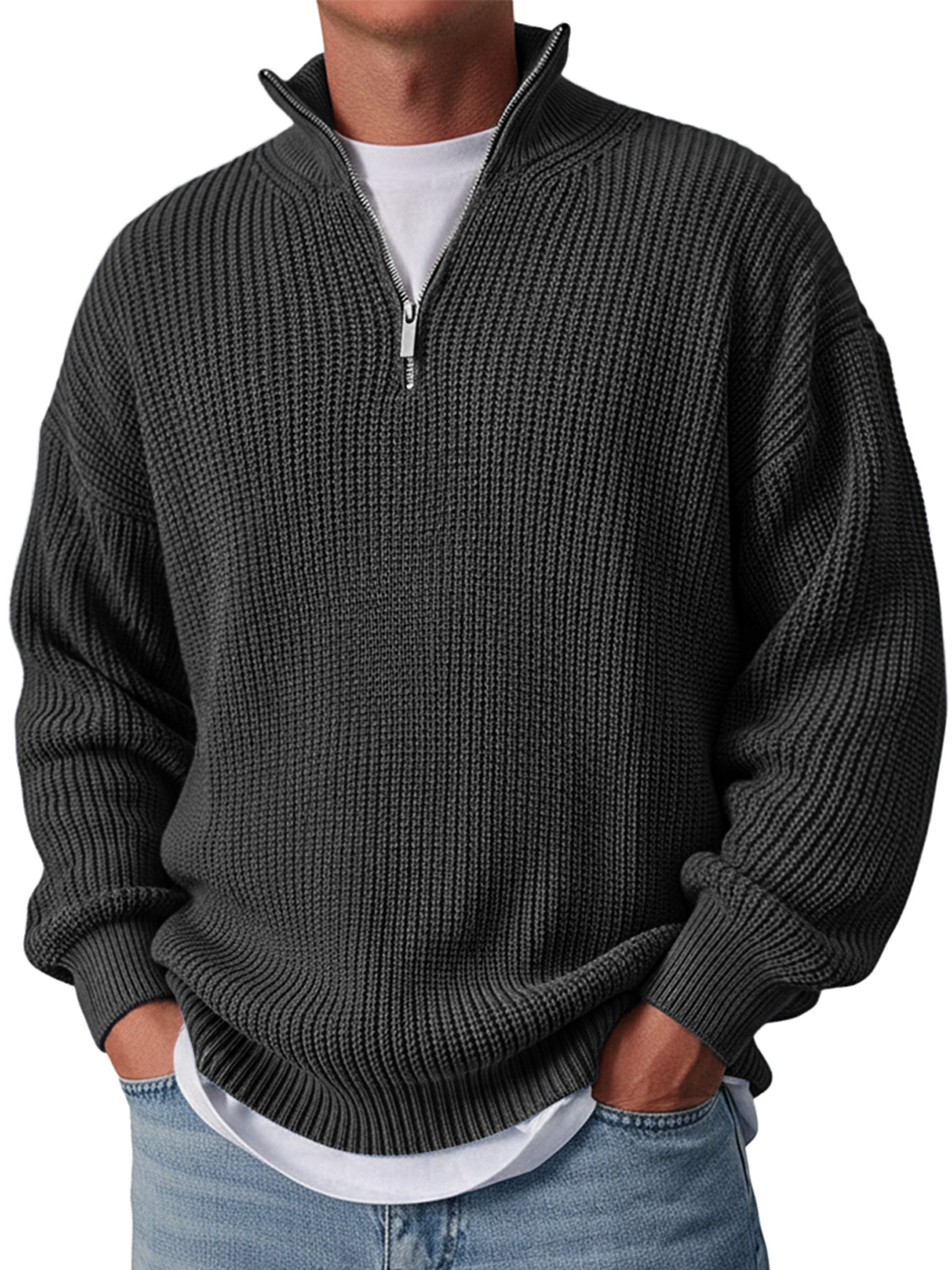Men's Simple Casual Loose Stand Collar Zipper Solid Color Sweater