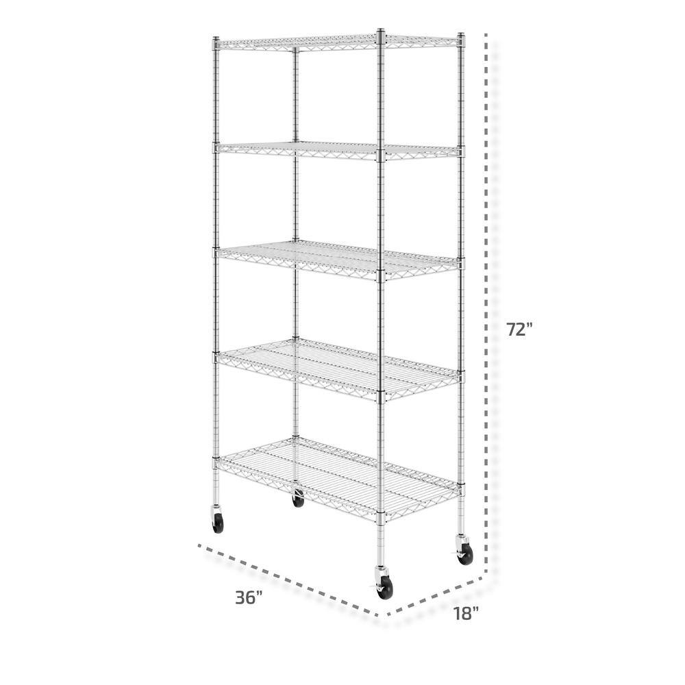 SafeRacks 72 in. H x 36 in. W x 18 in. D NSF 5-Tier Wire Chrome Shelving Rack with Wheels WS-361872-ZW5