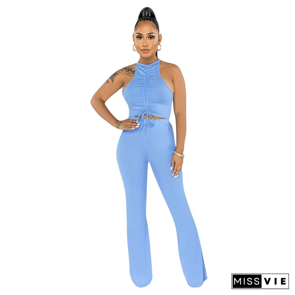 Solid Bandage Sleeveless Crop Top Flare Pants Set