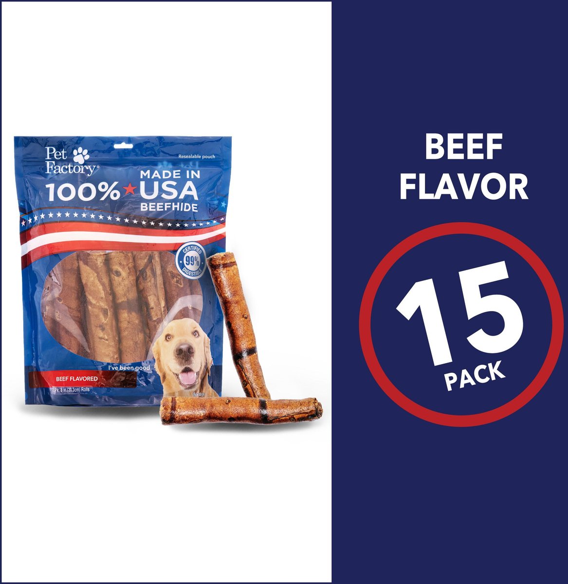 Pet Factory Beefhide 8-inch Rolls Beef Flavored Dog Hard Chews， 15 count