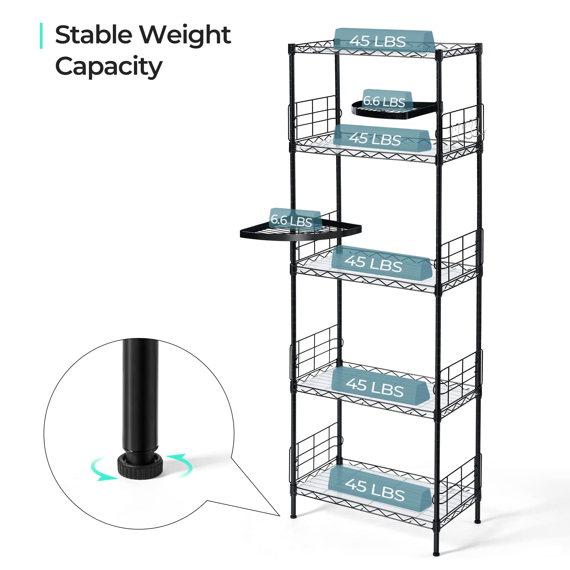 LINSY HOME 5 Tier Wire storage shelves with 2 Rotatable Shelves,Height Adjustable Shelf Rack with 5 Hooks for Garage Bedroom Bathroom-59.1