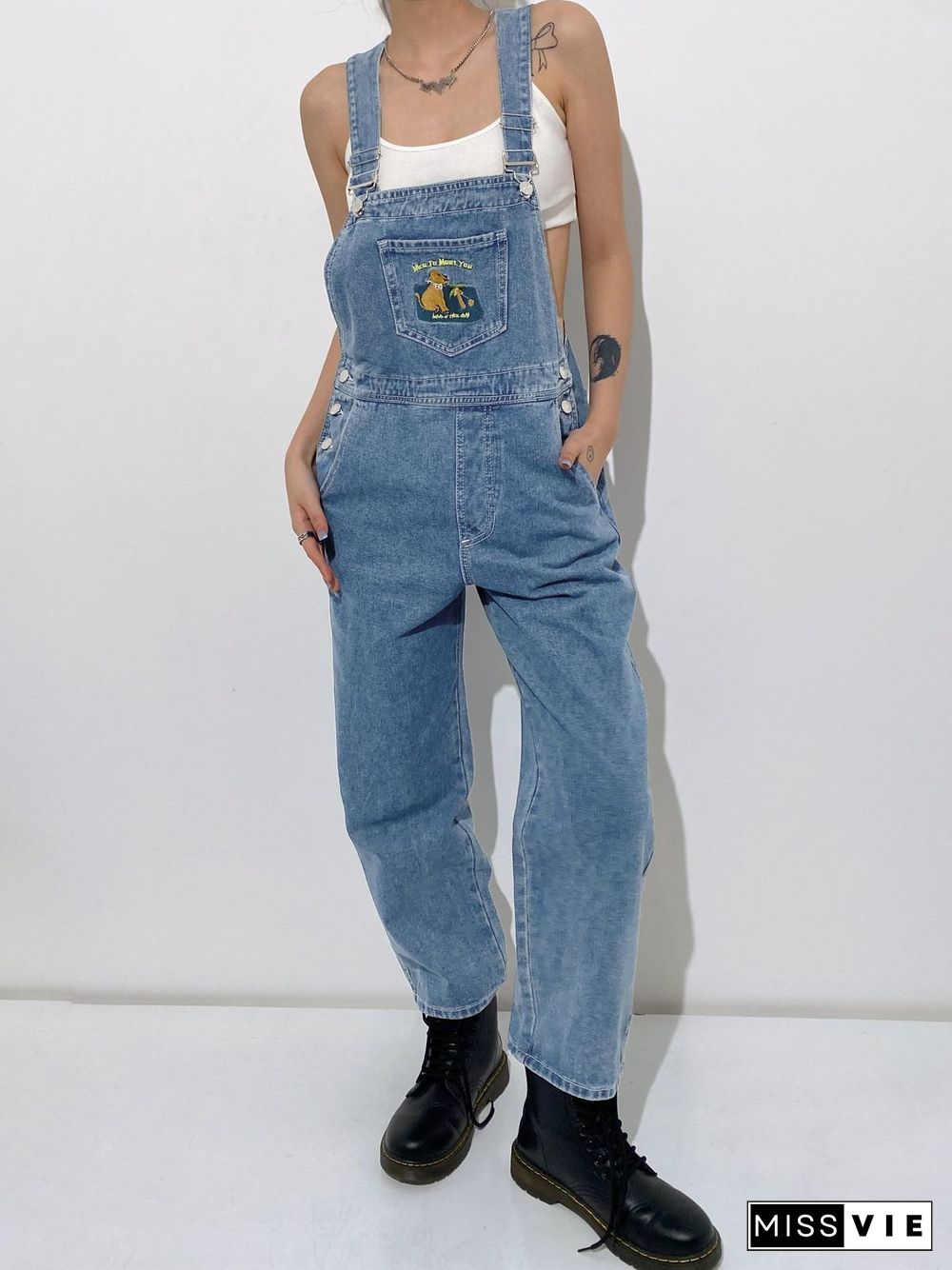 Embroidered Pocket Denim Overalls Jeans