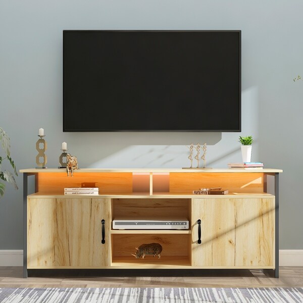 57'' Metal Frame Modern Wood Universal Media Console TV Stand with 3 Layer Open Shelves and 2 Metal Handled Storage Cabinet