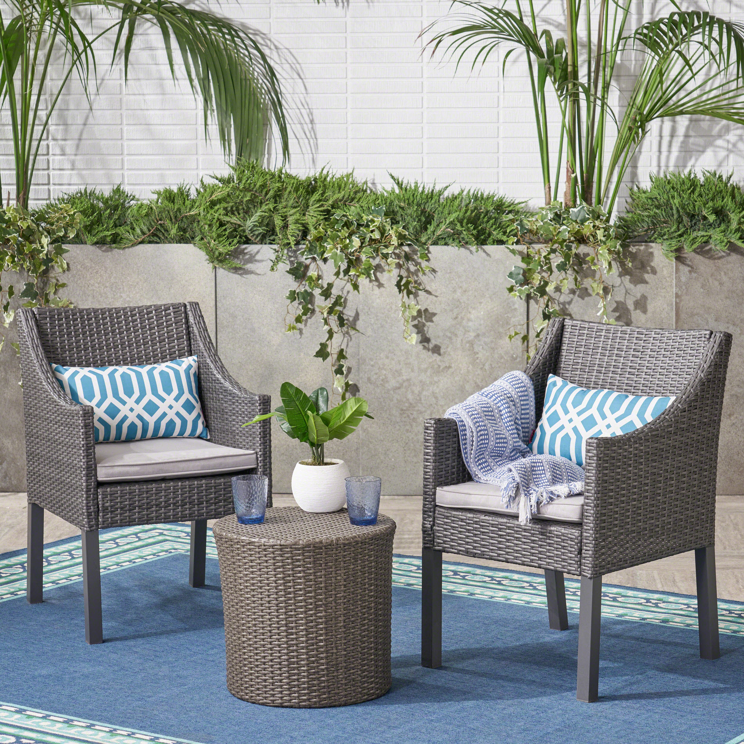 Sims Outdoor 3 Piece Wicker Chat Set, Grey with Silver Cushions