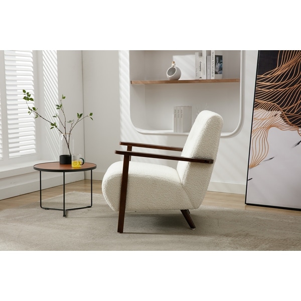 Wood Frame Living Room Accent Chair Modern Armchair Lounge Chair Sofa Removable Cushion Seat Arm Chairs， White Teddy