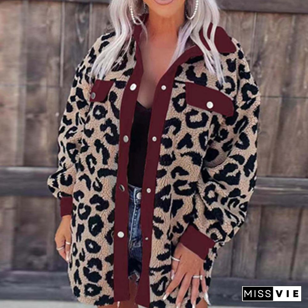 Vintage Leopard Patchwork Women Autumn Coats Casual Long Sleeve Lapel Single Breasted Jacket Ladies Fashion Loose Office Jackets