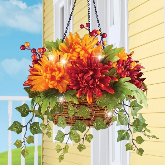 Collections Etc Led Lighted Colorful Mum And Ivy Accent Hanging Basket 14 X 14 X 21 Orange
