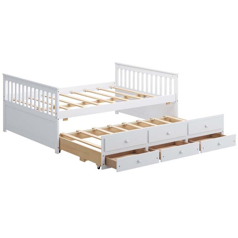 Full Captain's Bed with Trundle Bed & 3 Storage Drawers, Wooden Platform Storage Daybed for Kids Guests Sleepovers