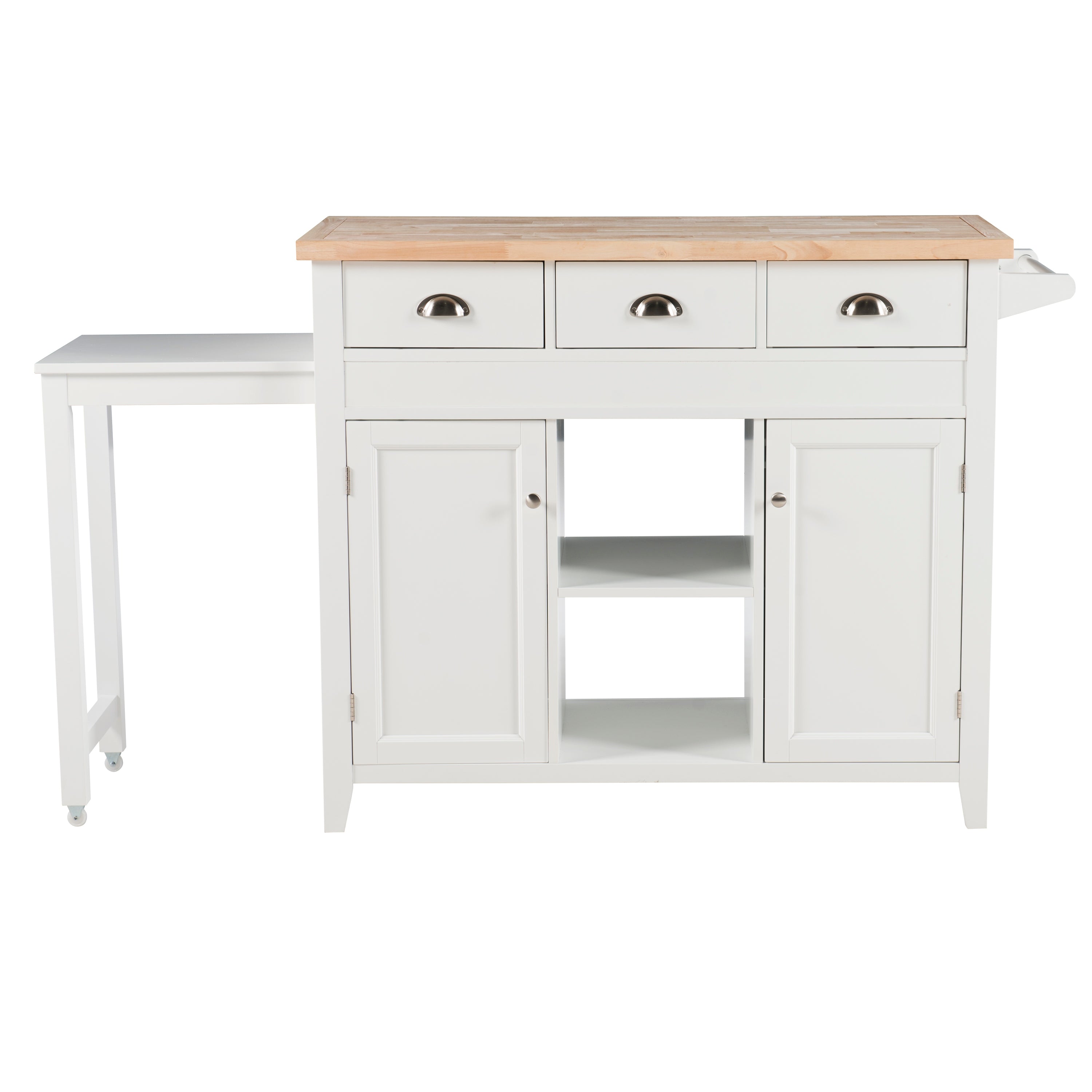 Linon Statum 3-Drawer Expandable Kitchen Cart with Open Shelves， White Finish