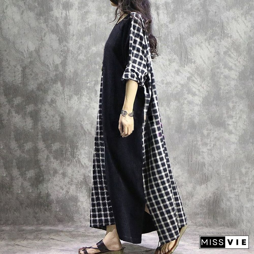 Zanzea Women Plaid Check Round Neck Long Sleeve Kaftan Baggy Patchwork Maxi Dress New Fashion