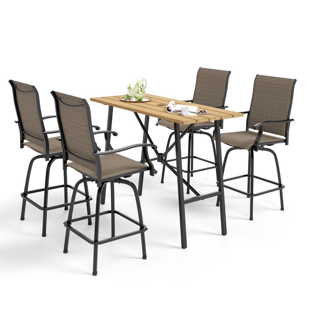 5 Piece Patio Bar Stool Set Wood grain Bar Table   Textilene Swivel Stools