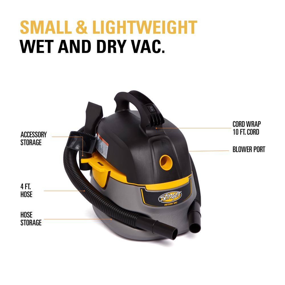 Stinger 2.5 Gallon 1.75 Peak HP Compact WetDry Shop Vacuum with Filter Bag Hose and Accessories HD2025