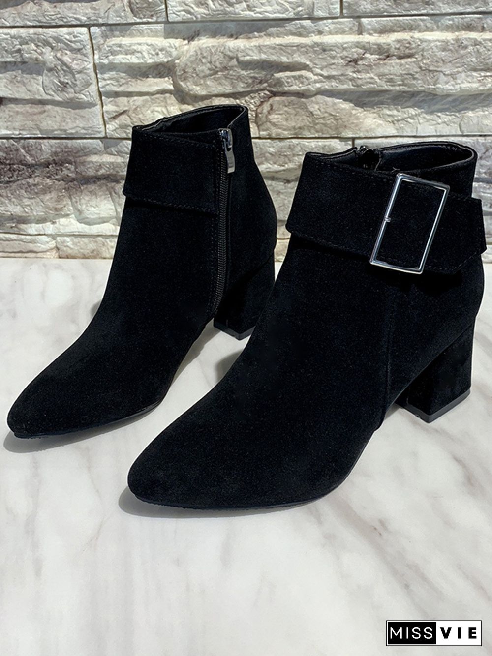 Chunky Heel Buckle Pointed-Toe Suede Martin Boots