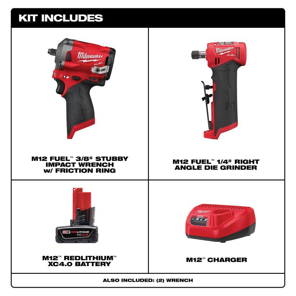 MW M12 FUEL 12V Lithium-Ion Brushless Cordless Stubby 38 in. Impact Wrench and 14 in. Die Grinder Kit (2-Tool) 2554-20-2485-20-48-59-2440