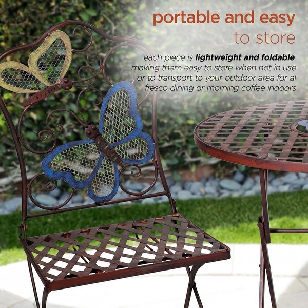 Alpine Corporation Indoor/Outdoor Butterfly Design 3Piece Bistro Set Folding Table and Chairs Patio Seating