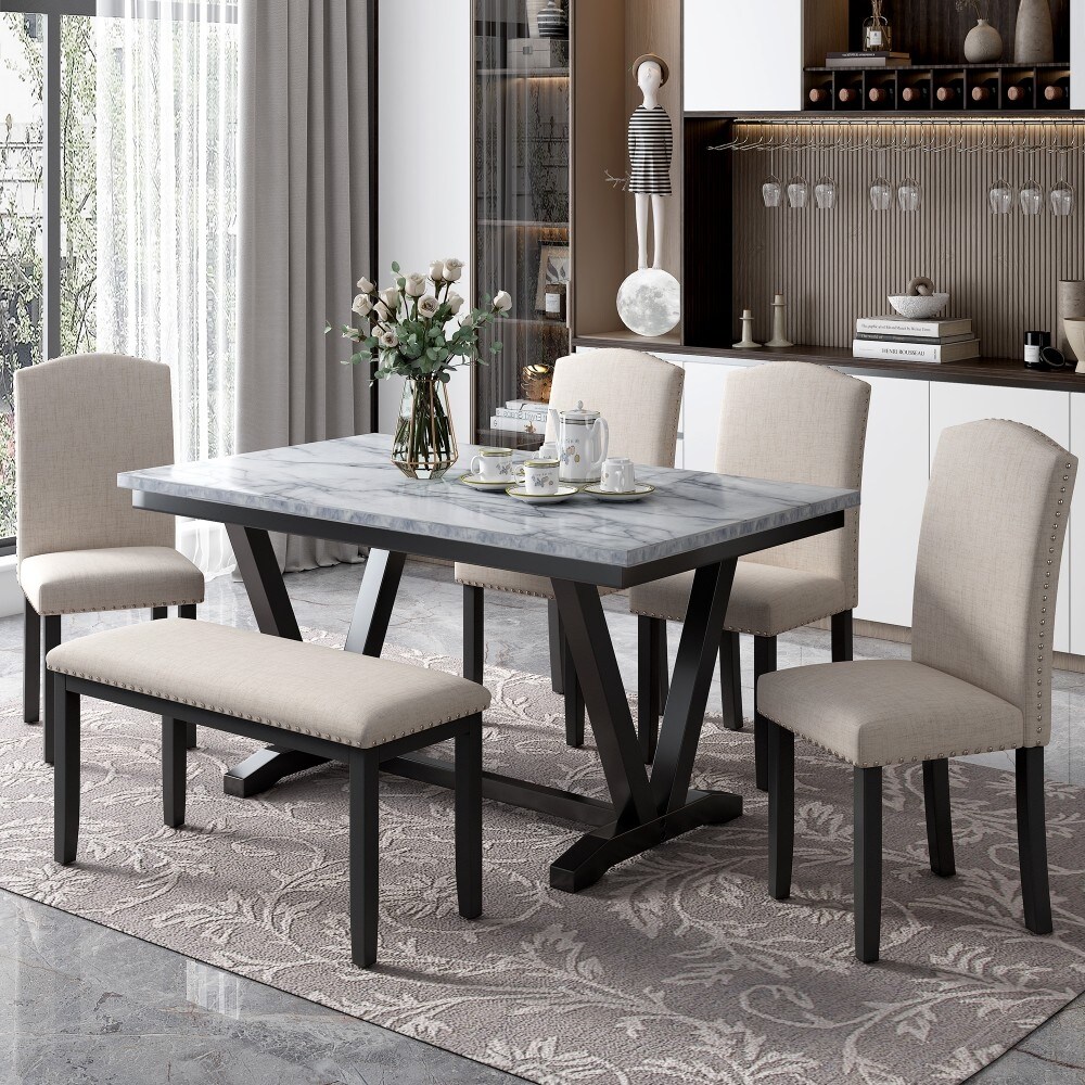 6 Piece Modern Dining Table Set with Chairs  Bench  V Shaped Table Leg